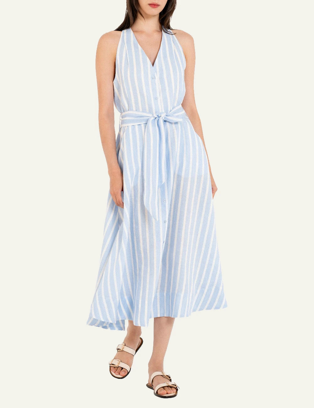 Philosophy halter neck dress ciel striped maxi belted side view