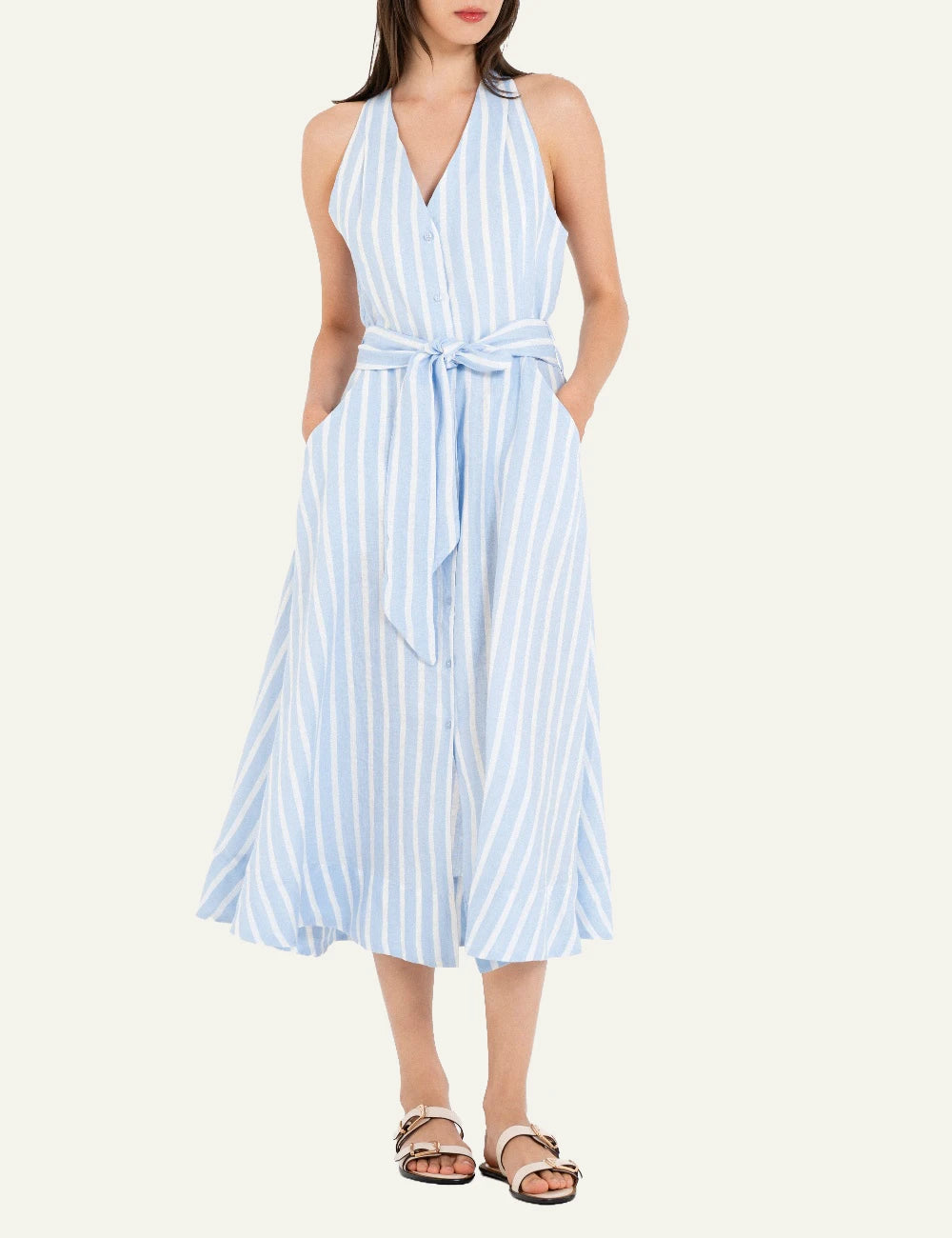 Philosophy halter neck dress ciel striped maxi belted front full body view
