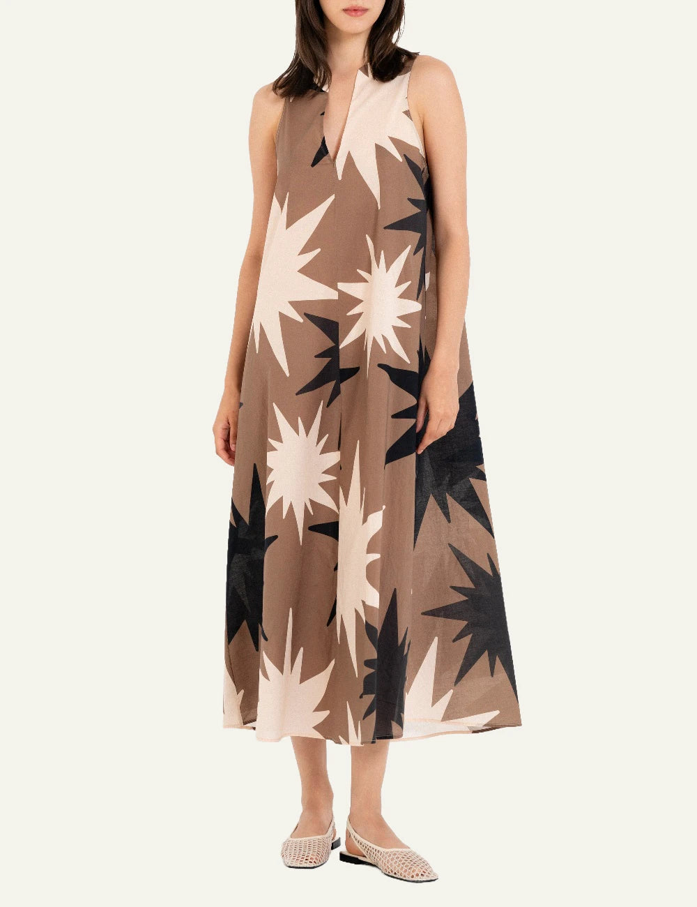 Philosophy halter neck dress taupe midi sleeveless belted front model view