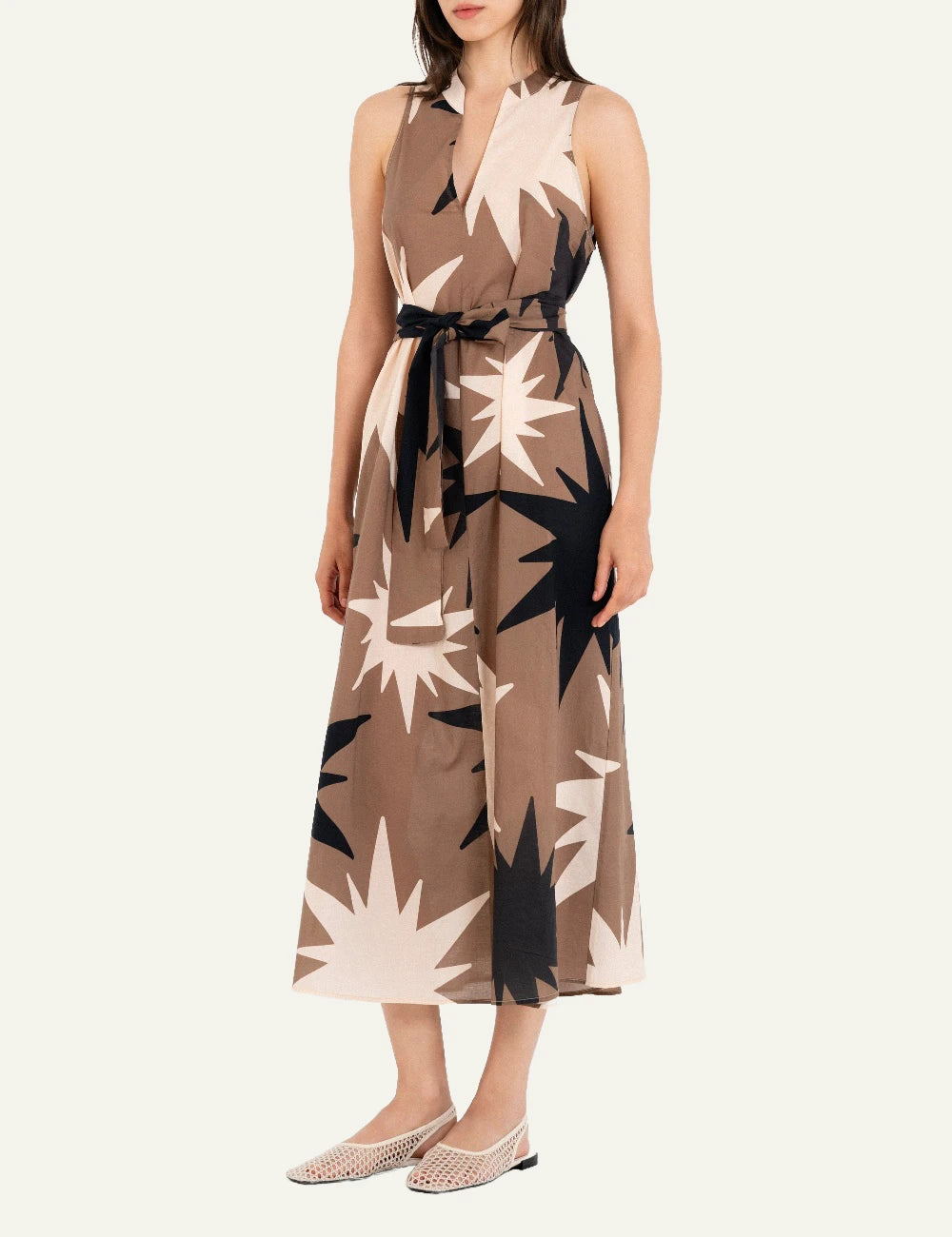 Philosophy halter neck dress taupe midi sleeveless belted front full body view