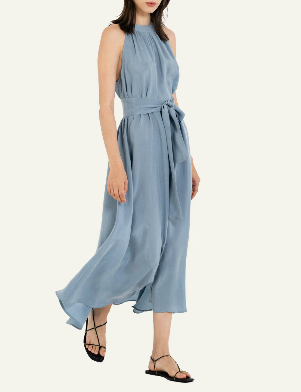 Philosophy halter neck maxi dress dusty blue front full body view