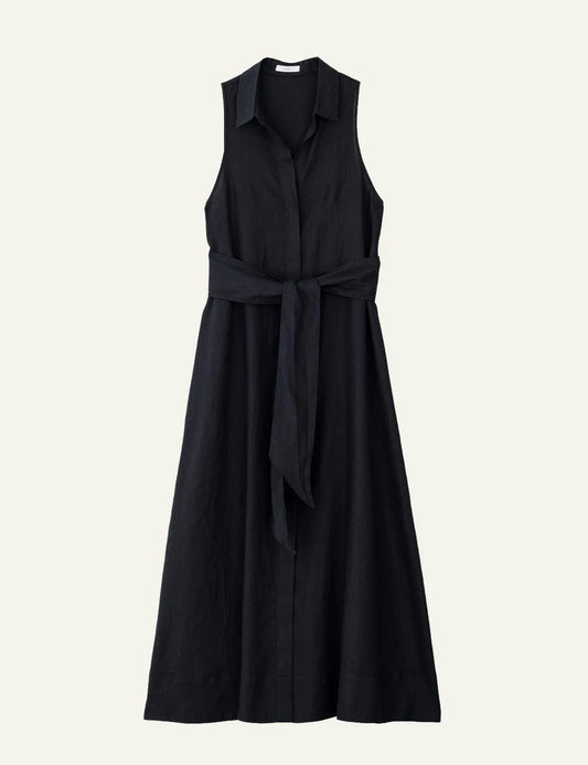 Philosophy linen shirtdress black sleeveless midi dress with belt front flat view