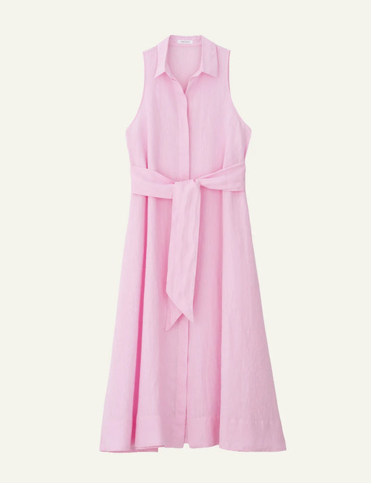 Philosophy linen shirtdress pink sleeveless midi belted front view