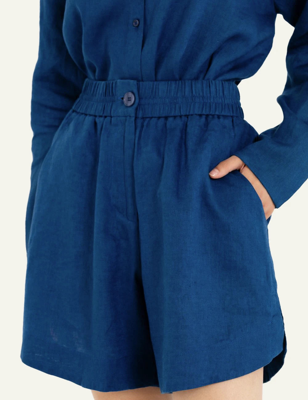 Philosophy linen shorts blue relaxed summer shorts front model view