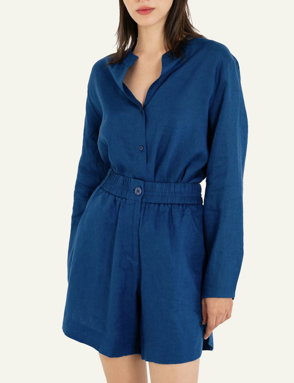 Philosophy linen shorts blue relaxed summer shorts front full body view