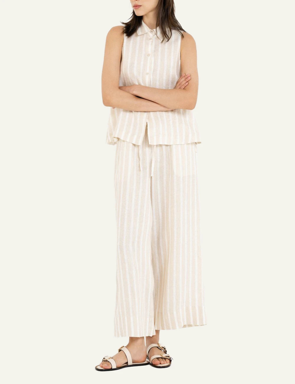 Philosophy linen striped jupe culotte beige front full body view