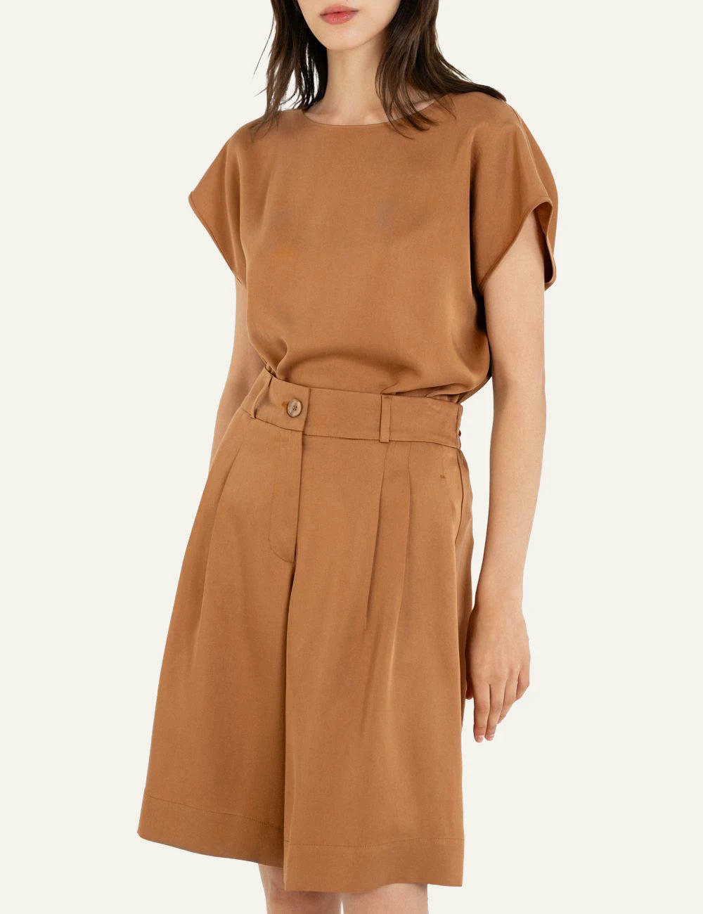 Philosophy pleated shorts camel tailored front full body view