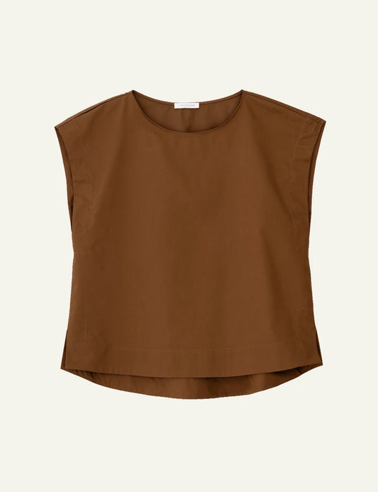 Philosophy poplin loose top camel cap sleeve round neck front view