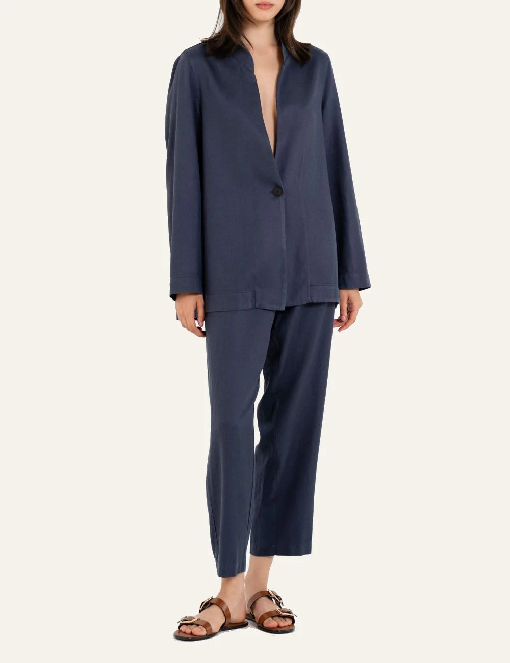 Philosophy blue regular pants worn on model full look