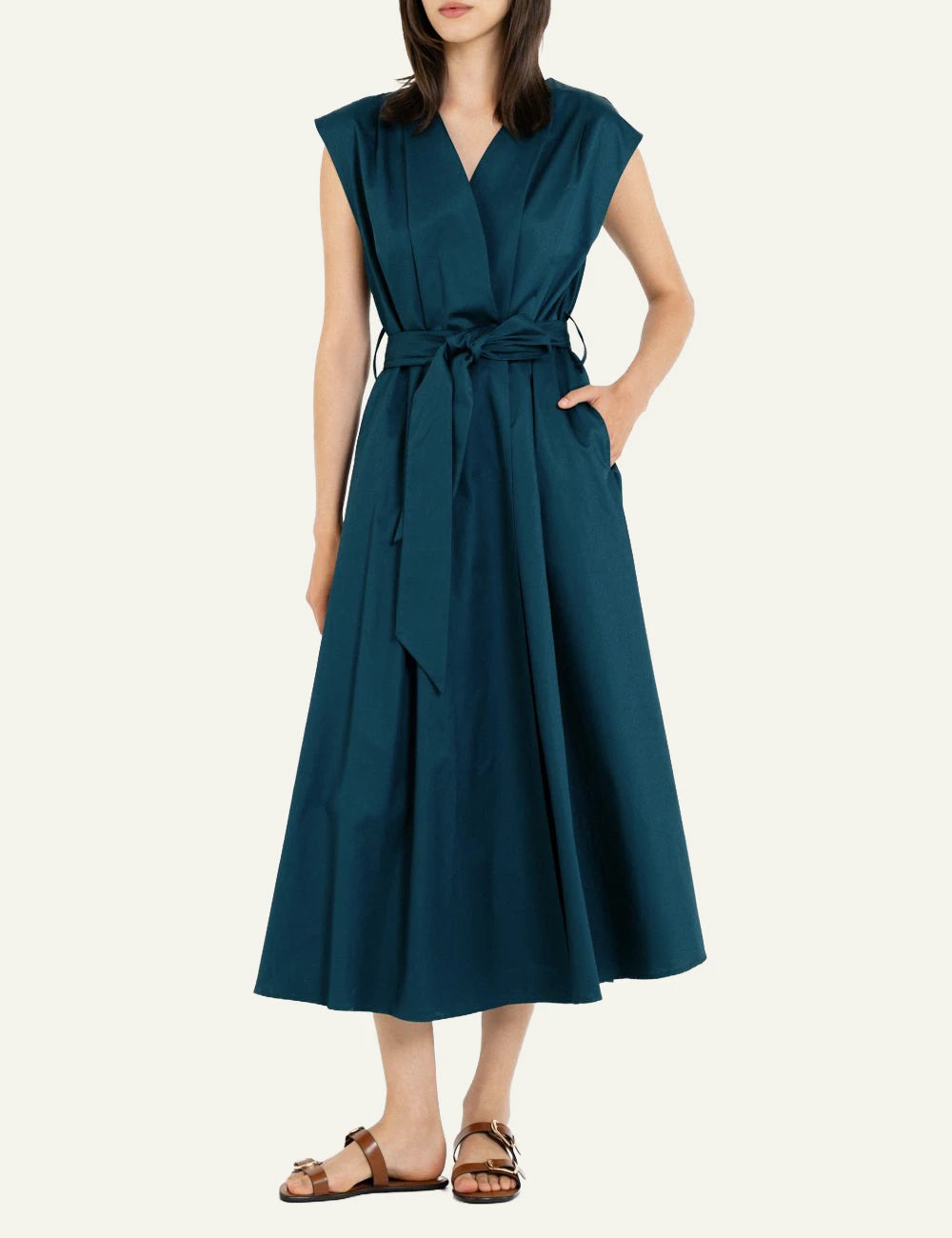 Philosophy poplin wrap dress dark emerald front full view