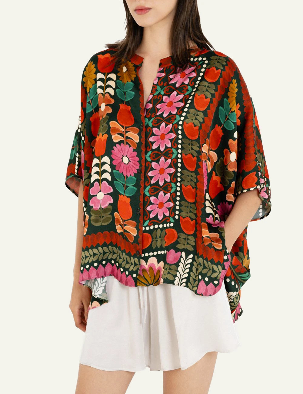 Philosophy print oversized shirt multicolor floral satin front model view