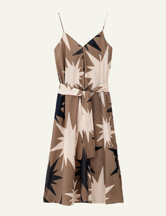 Philosophy print slip dress brown midi spaghetti straps front view