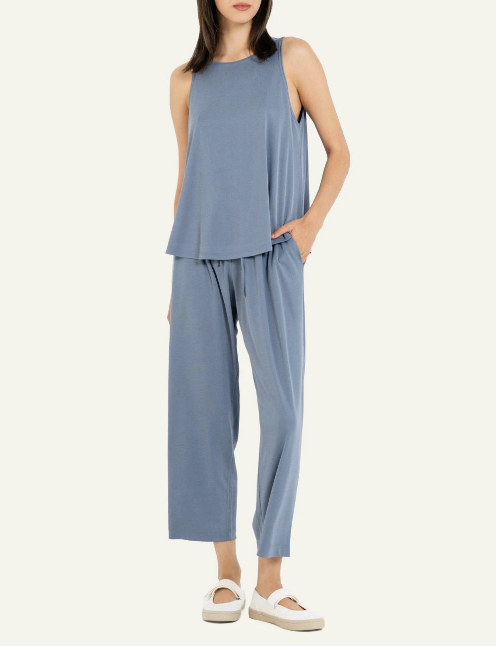 Philosophy rib halter neck top dusty blue worn by model front view