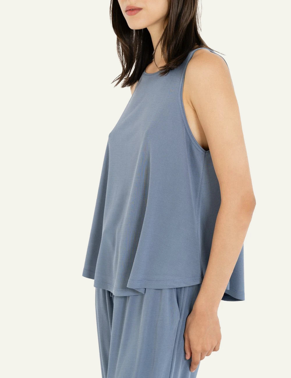 Philosophy rib halter neck top dusty blue side view on model