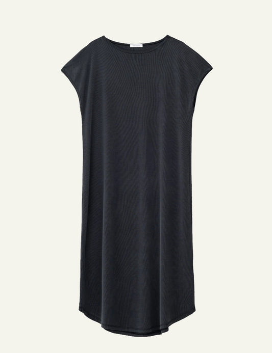 Philosophy rib loose dress off black midi cap sleeve front view
