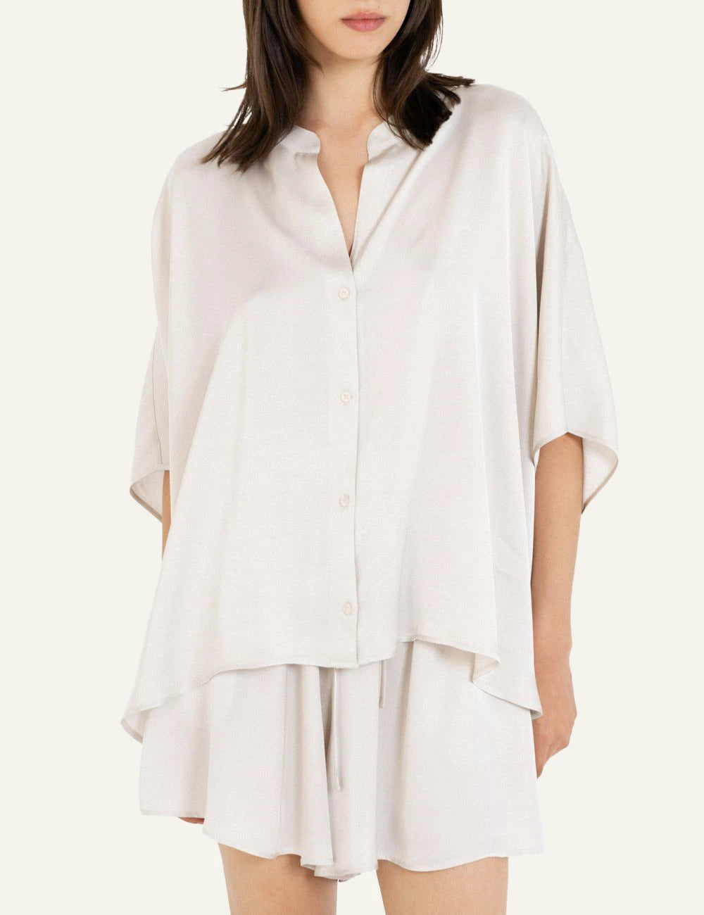 Philosophy Satin Oversized Shirt Dusty White worn front