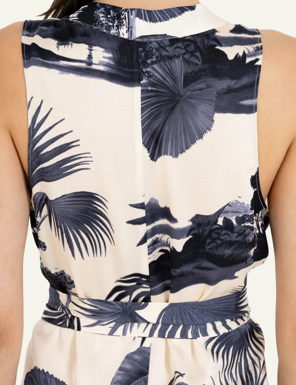 Philosophy satin print jumpsuit beige navy tropical sleeveless jumpsuit back view