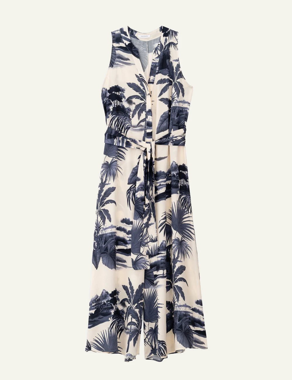 Philosophy satin print jumpsuit beige navy tropical sleeveless jumpsuit front flat view