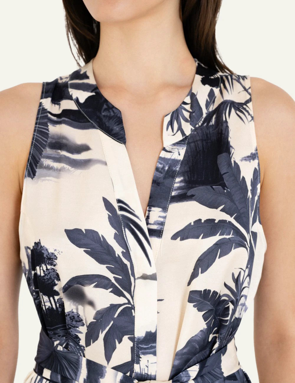 Philosophy satin print jumpsuit beige navy tropical sleeveless jumpsuit front detail view