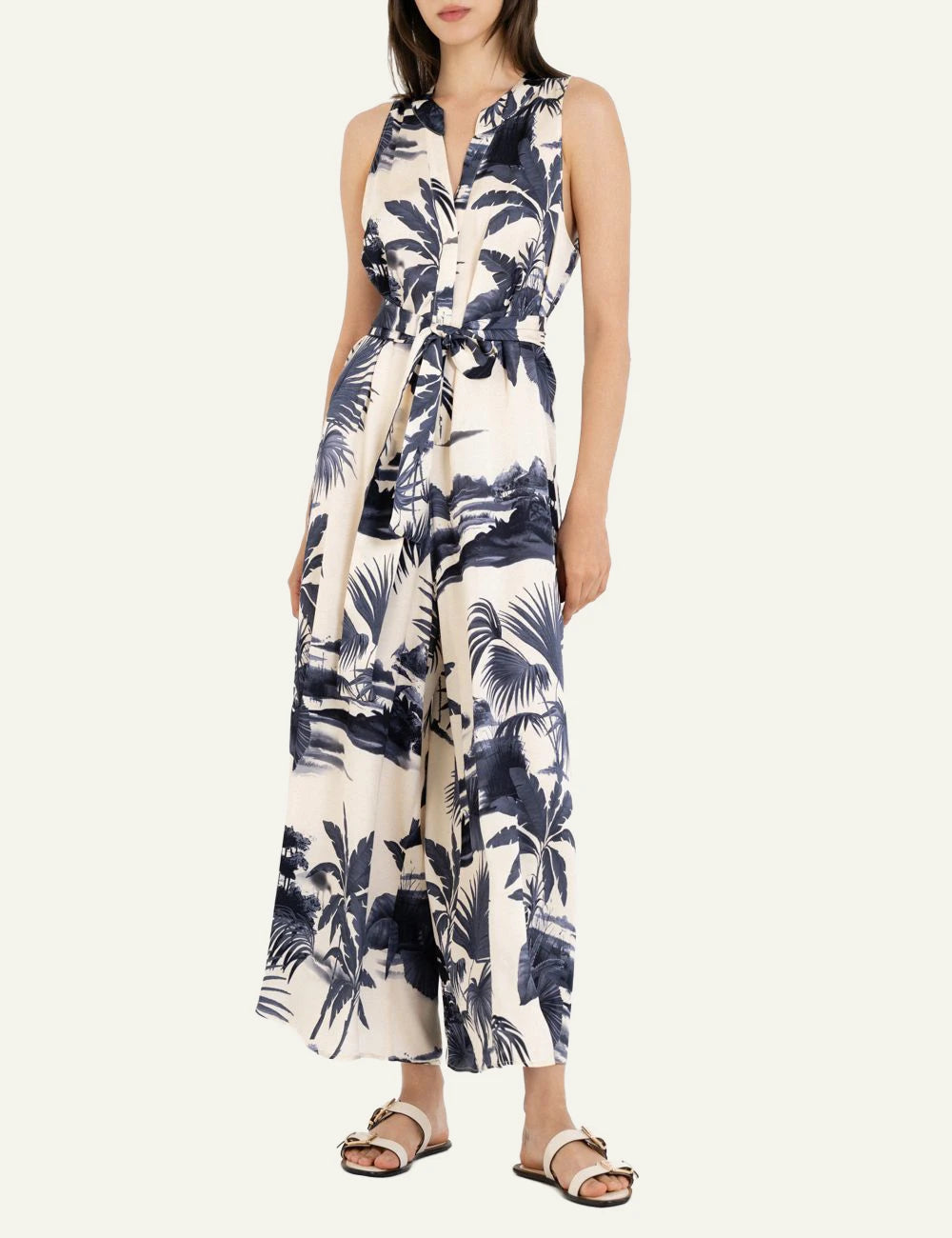 Philosophy satin print jumpsuit beige navy tropical sleeveless jumpsuit front full body view