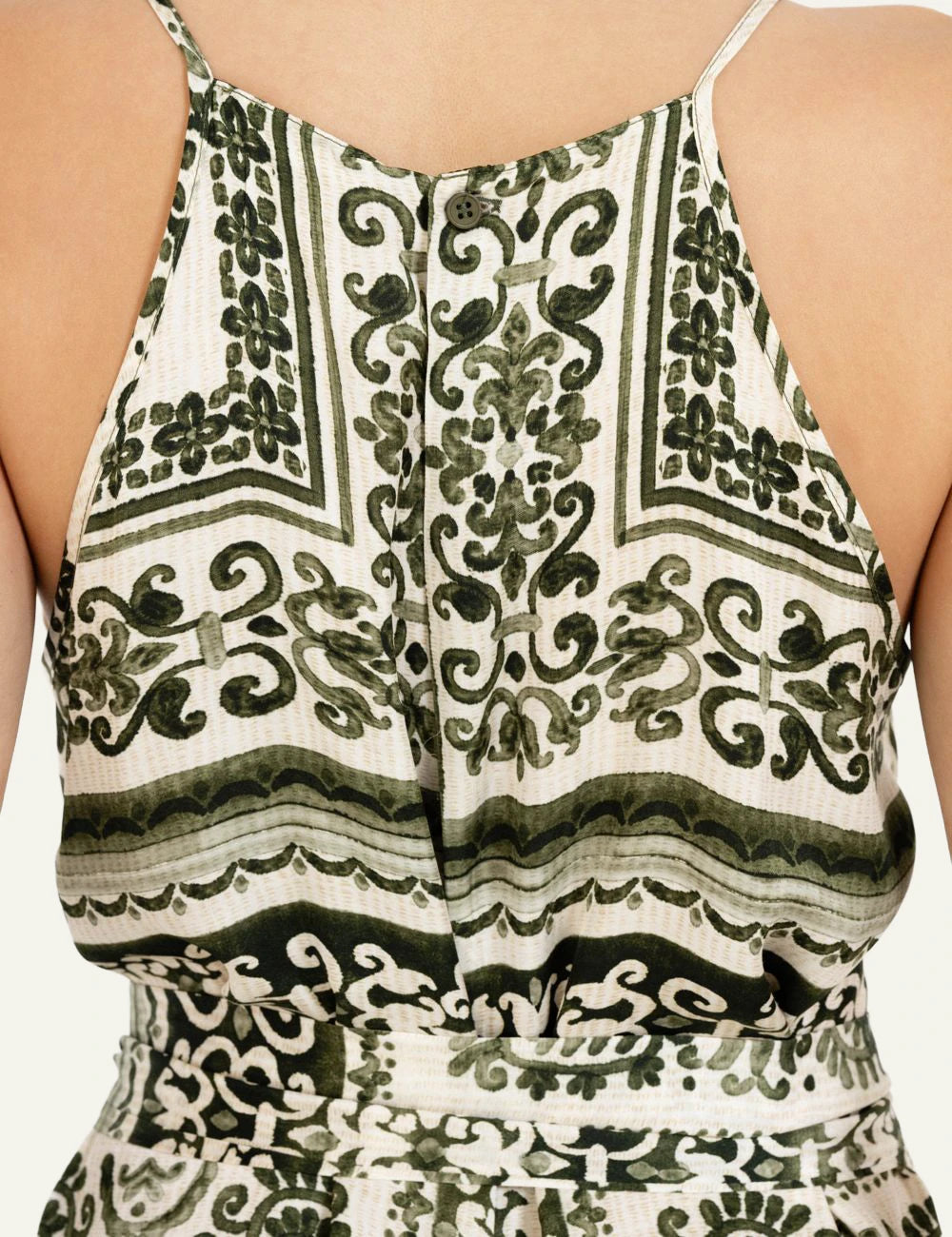Philosophy satin print jumpsuit ivory green ornamental pattern wide leg back view