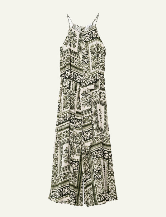 Philosophy satin print jumpsuit ivory green ornamental pattern wide leg front flat view