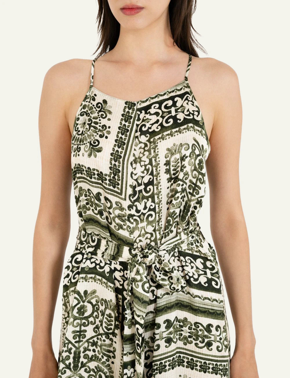 Philosophy satin print jumpsuit ivory green ornamental pattern wide leg model flat view