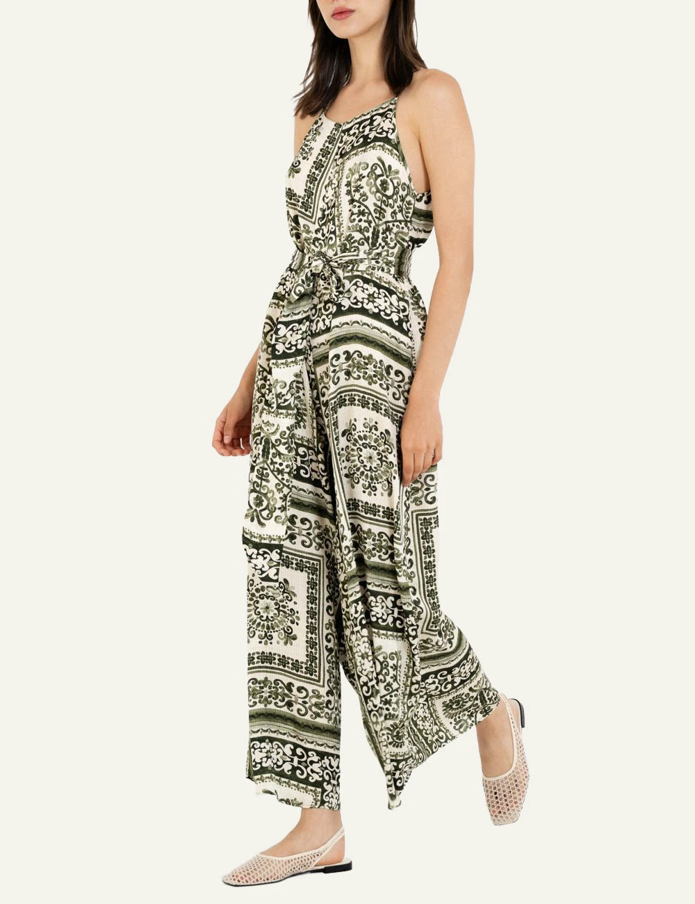 Philosophy satin print jumpsuit ivory green ornamental pattern wide leg front model view