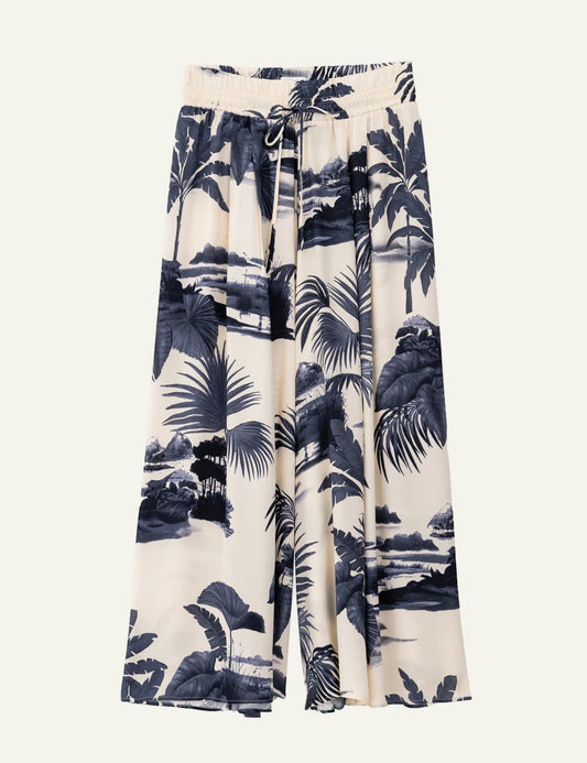 Philosophy satin print jupe culotte beige navy tropical landscape front flat view