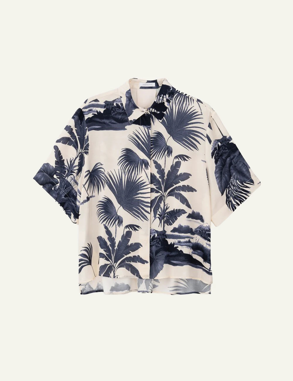 Philosophy satin print shirt beige navy tropical shirt front flat view