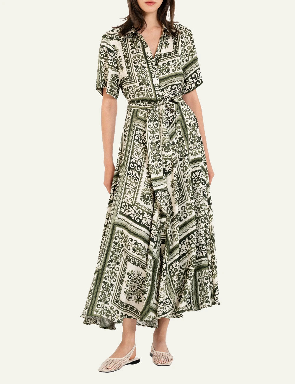 philosophy satin print shirtdress green maxi front model
