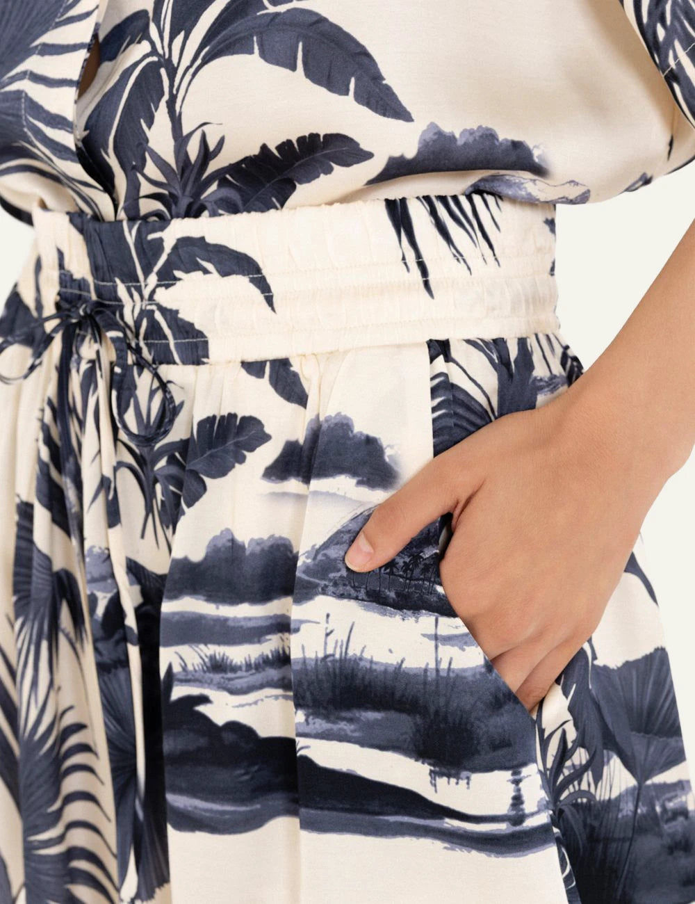 Philosophy satin print shorts beige navy tropical side detail view