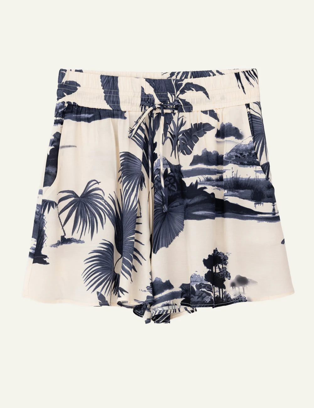 Philosophy satin print shorts beige navy tropical front flat view
