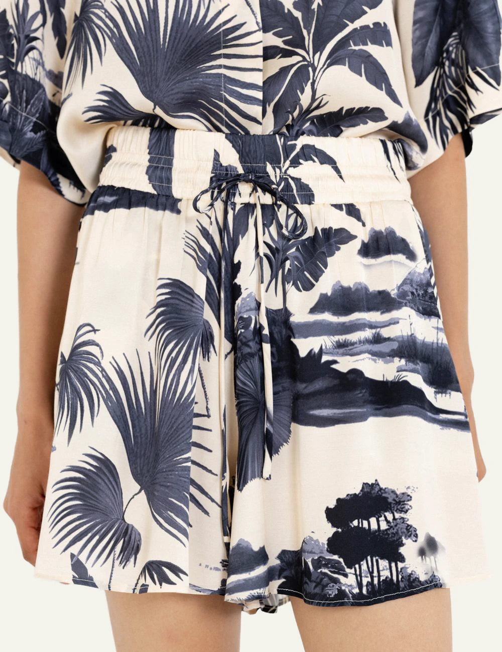 Philosophy satin print shorts beige navy tropical front detail view