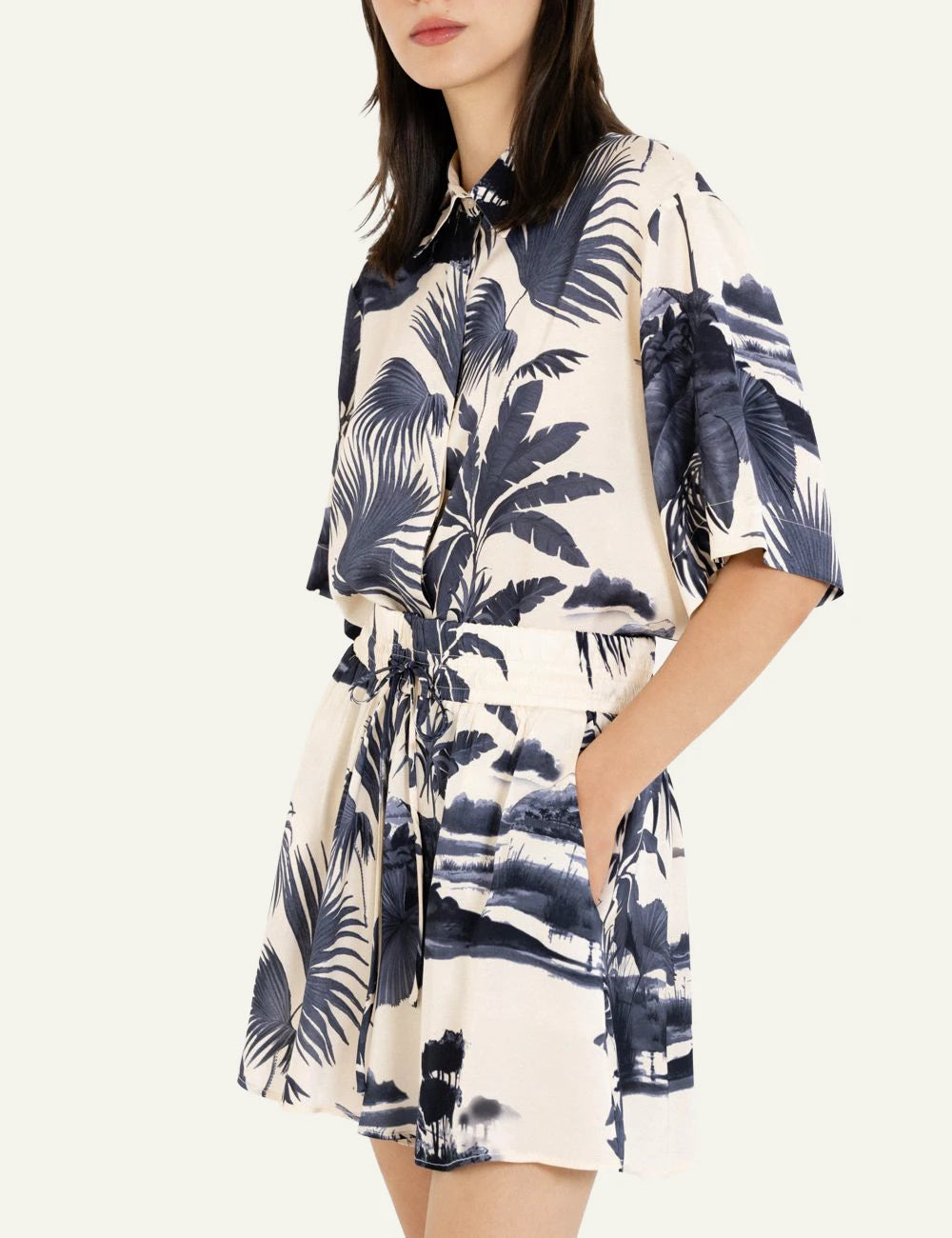 Philosophy satin print shorts beige navy tropical front full body view