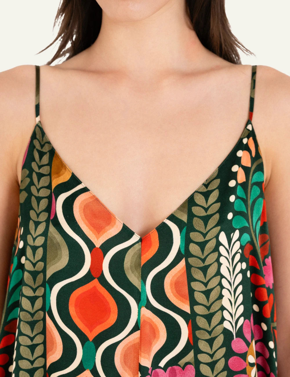 Philosophy satin print slip dress multicolour maxi spaghetti straps detail model