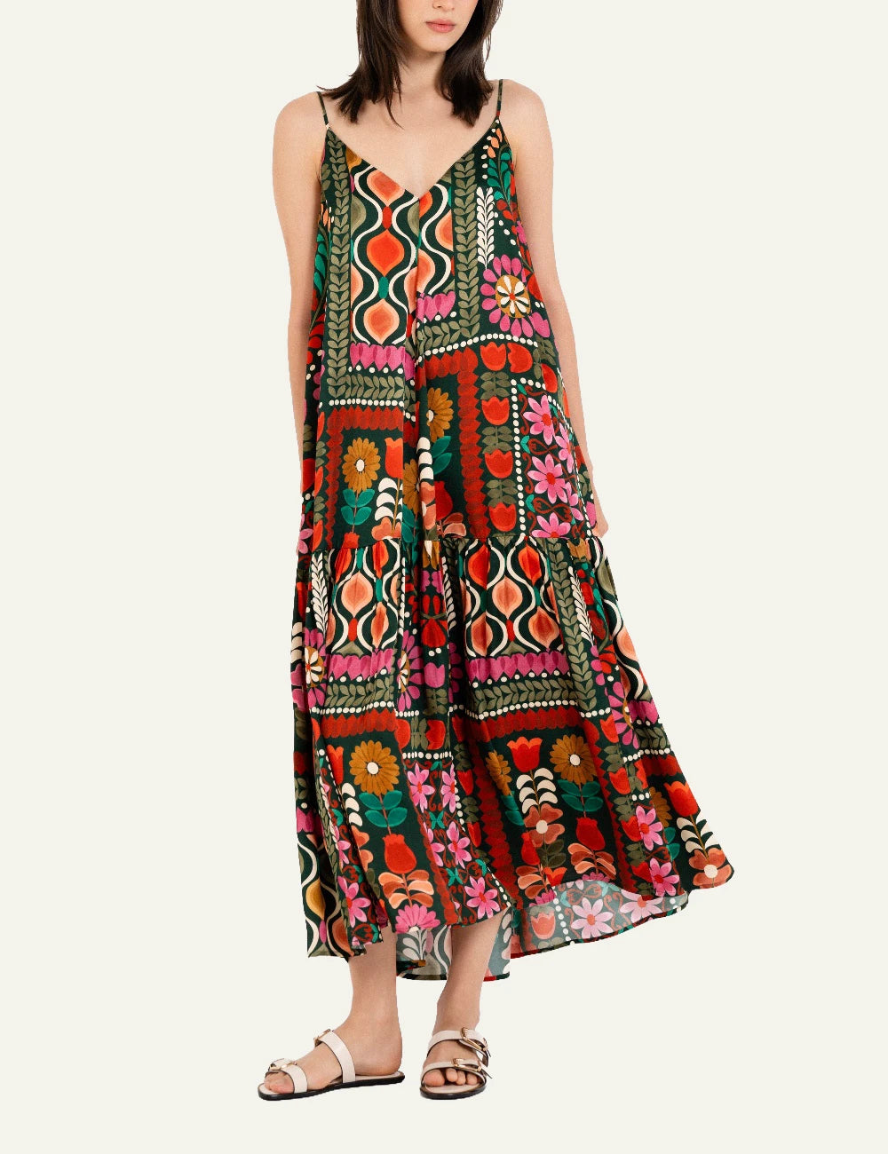 Philosophy satin print slip dress multicolour maxi spaghetti straps model full body