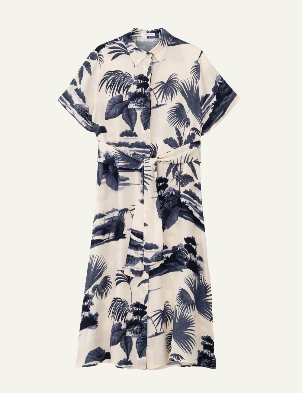 Philosophy satin shirtdress dark blue tropical midi belted front view
