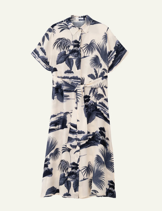 Philosophy satin shirtdress dark blue tropical midi belted front view