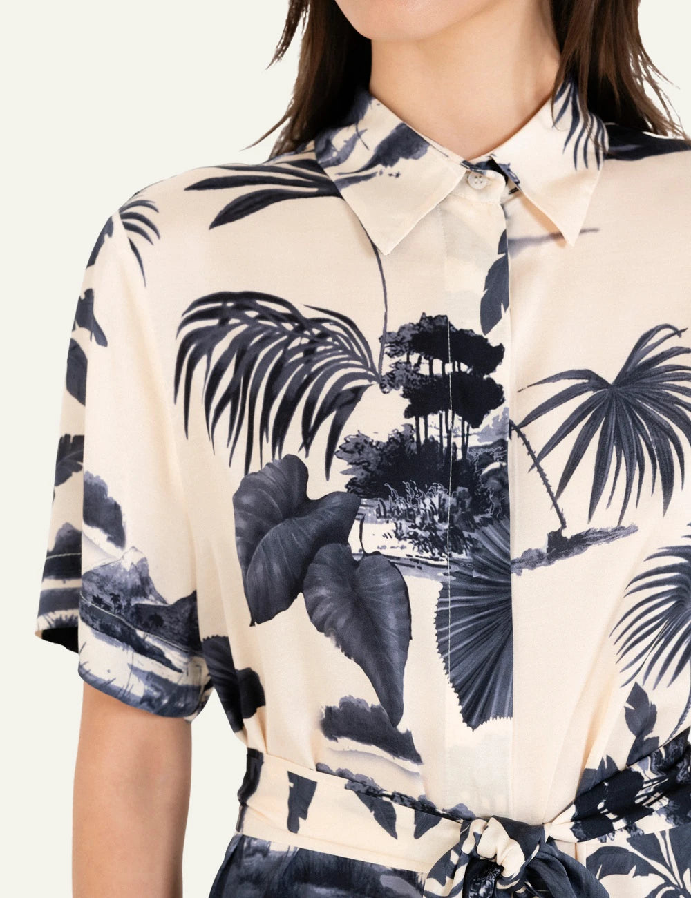 Philosophy satin shirtdress dark blue tropical midi belted front detail view