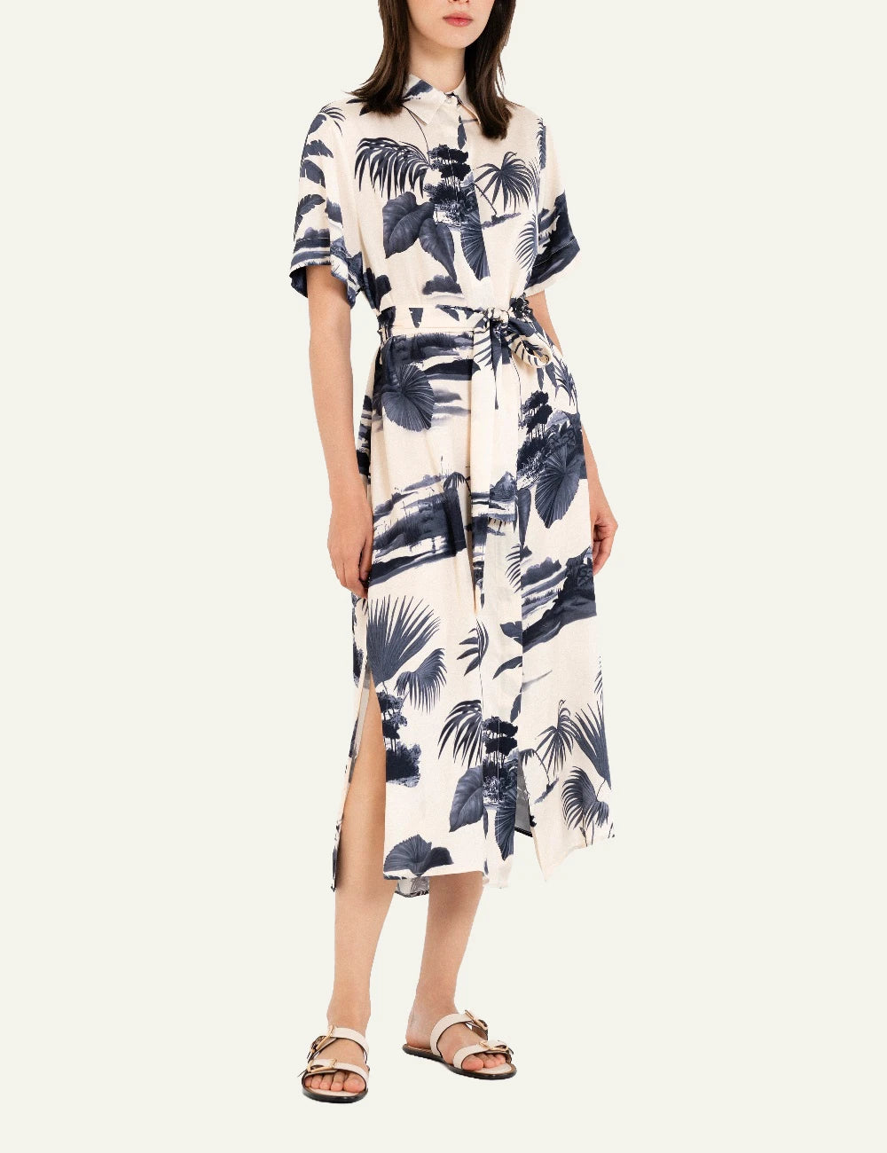 Philosophy satin shirtdress dark blue tropical midi belted full body view