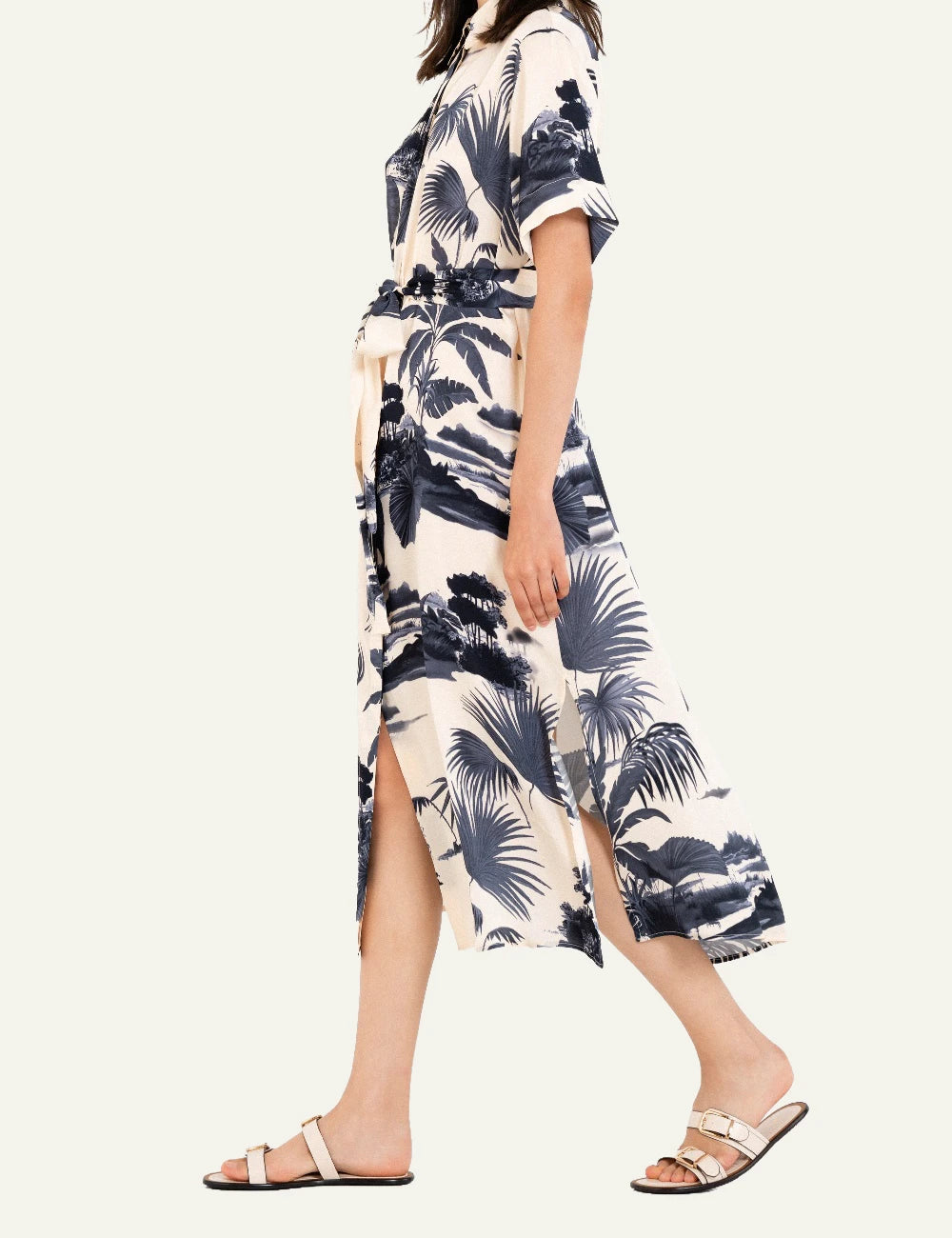 Philosophy satin shirtdress dark blue tropical midi belted side view