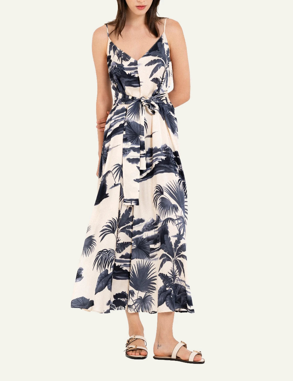 Philosophy satin slip dress dark blue tropical midi belted side view