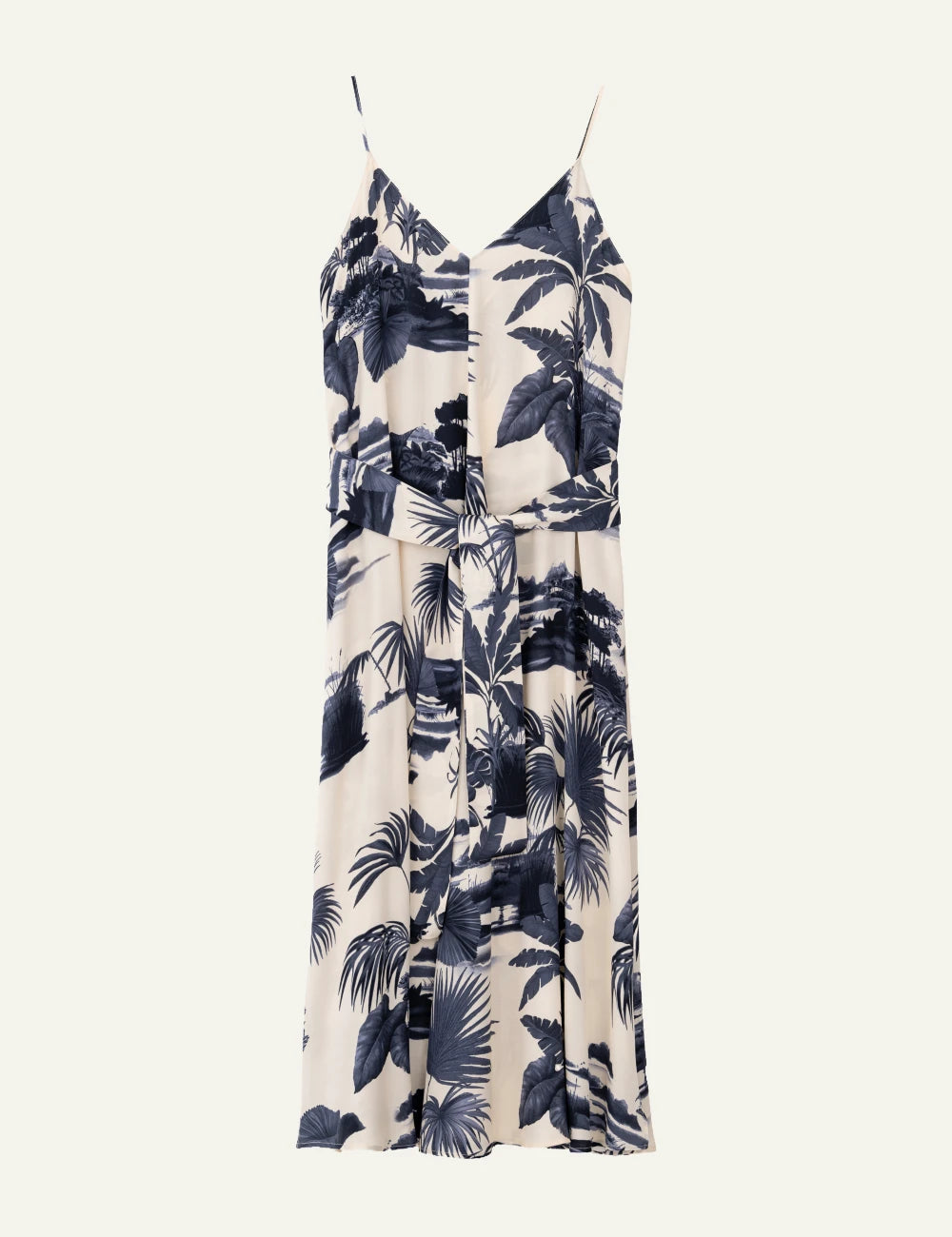 Philosophy satin slip dress dark blue tropical midi belted front view