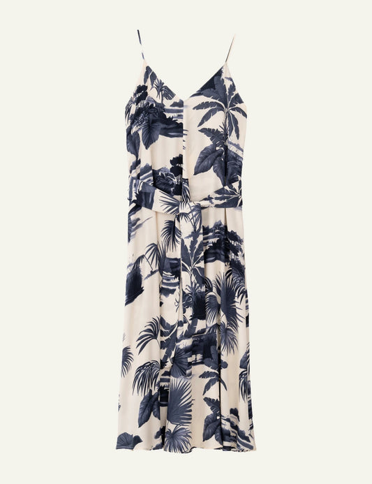 Philosophy satin slip dress dark blue tropical midi belted front view