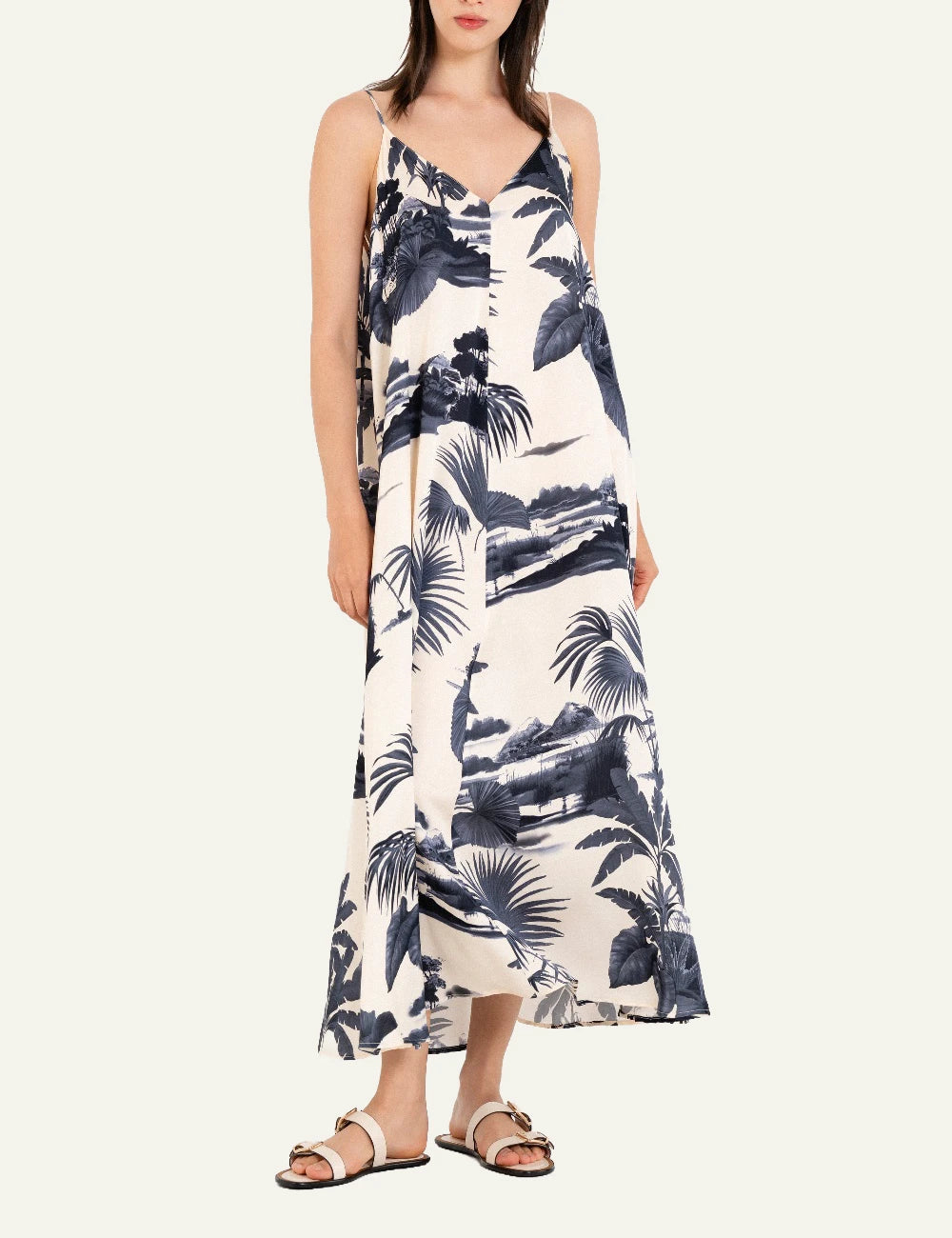 Philosophy satin slip dress dark blue tropical midi belted front full body view