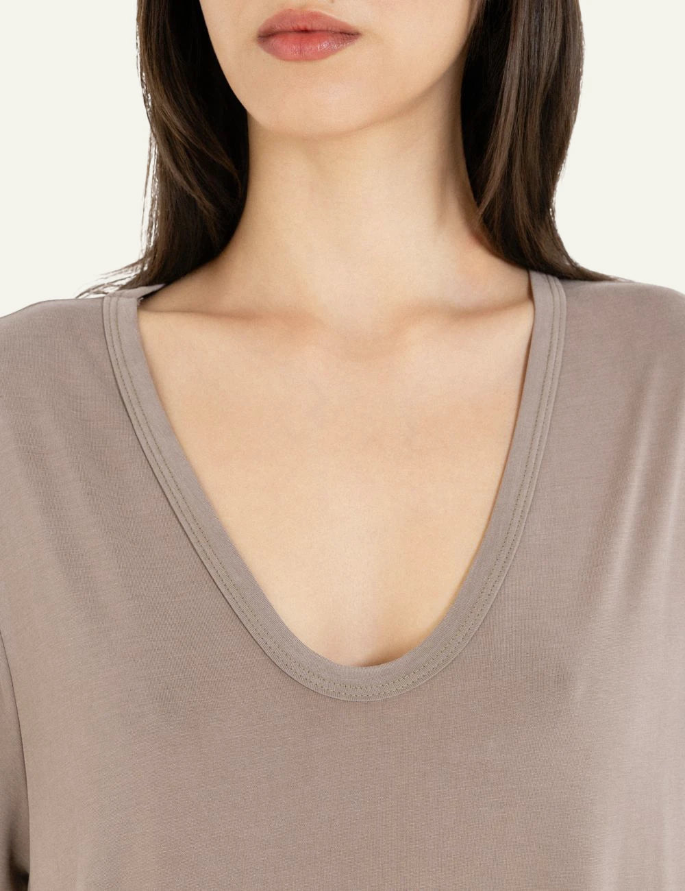 Philosophy short sleeve dress beige V neck midi casual dress front detail view