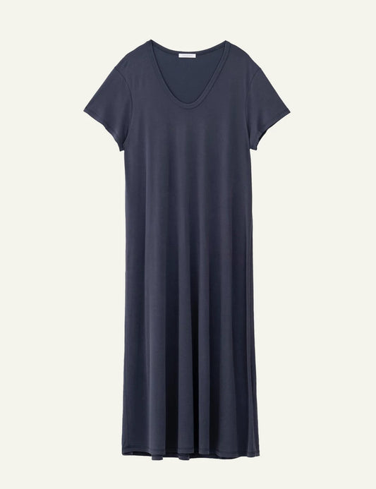 Philosophy short sleeve dress dark blue V neck midi casual dress front flat view