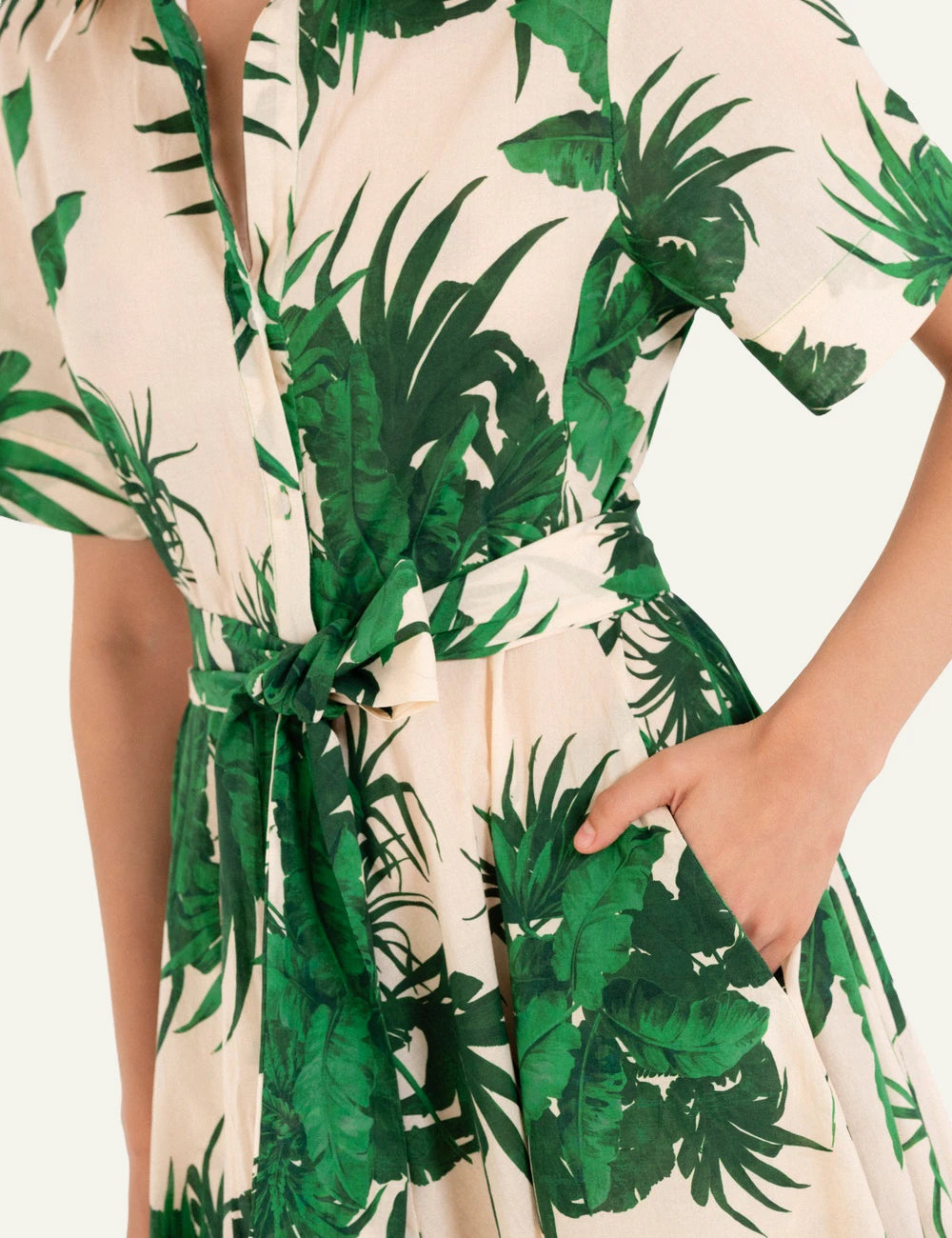 Philosophy short sleeve dress green tropical print maxi belted side detail view