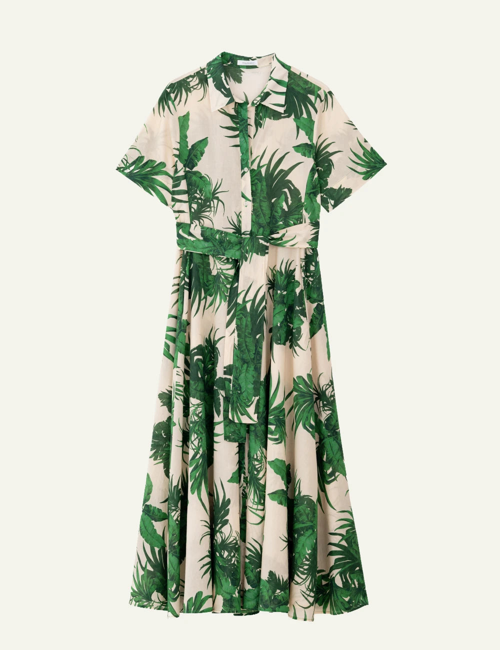 Philosophy short sleeve dress green tropical print maxi belted front view